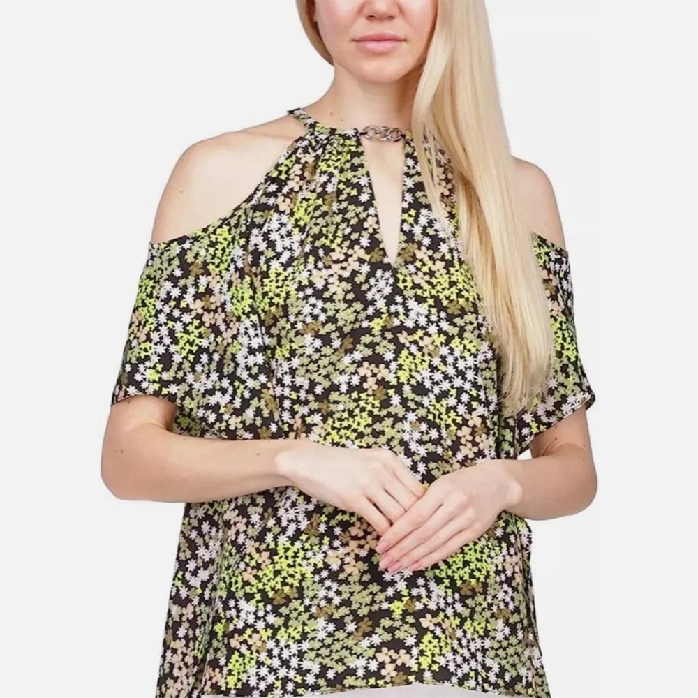 New Michael Kors Blouse Top Cold-Shoulder Handkerchief-Hem Floral